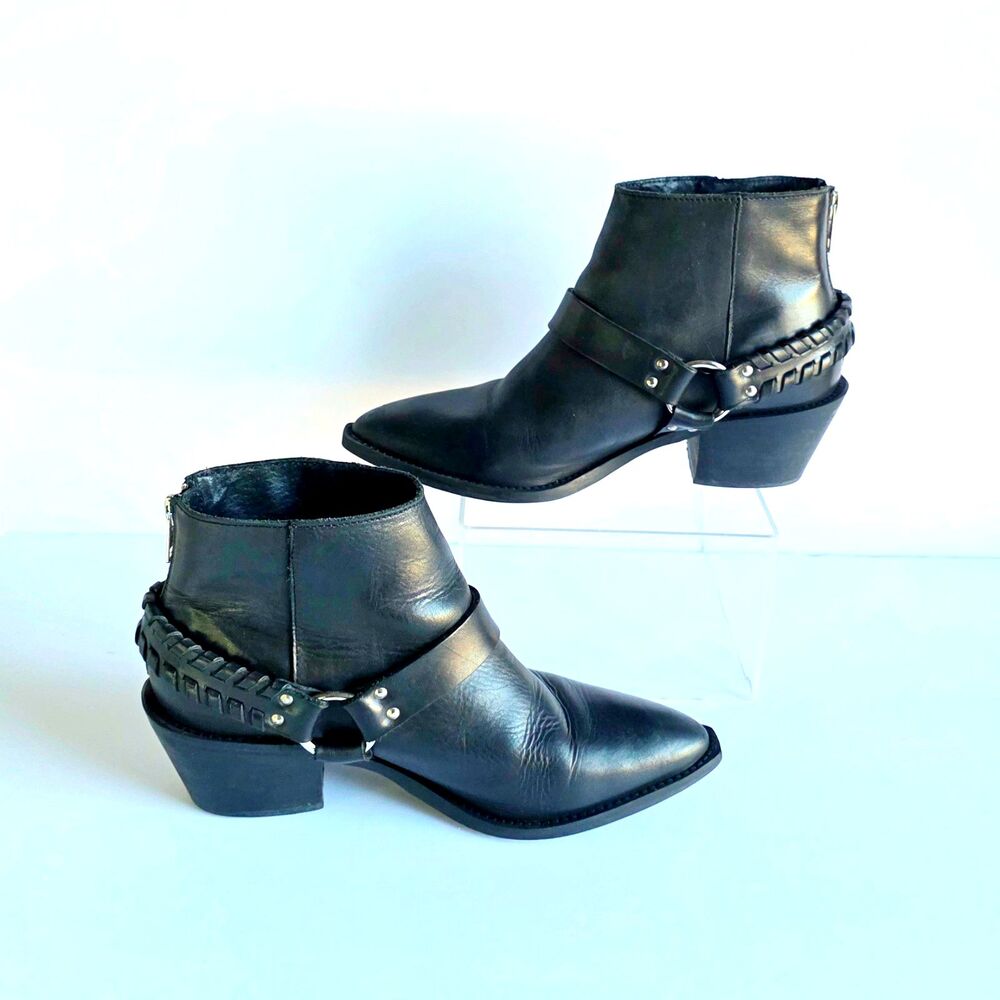 BRUSQUE Women's Black Leather Ankle Boots Pointed Toe Sz 35 7.5 Heeled Booties - Picture 5 of 14